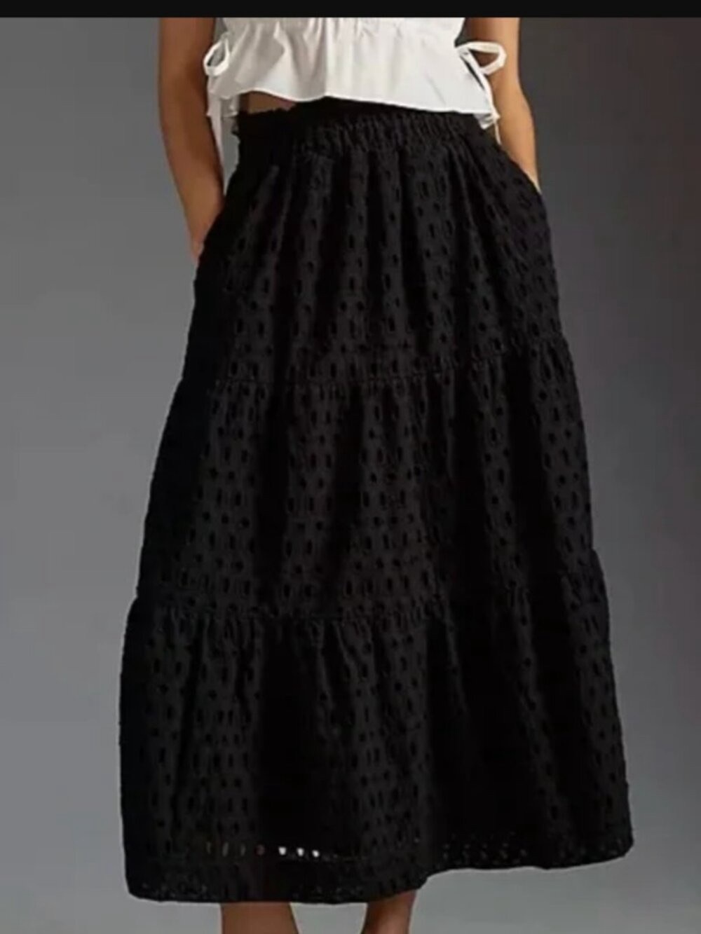 Anthropologie Black Eyelet Tiered Maxi Skirt